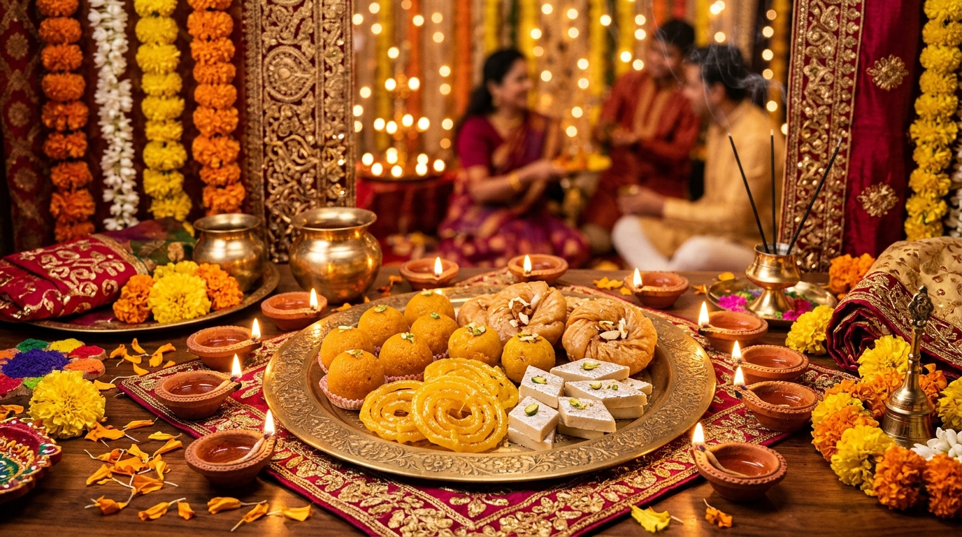 Platter of authentic Diwali sweets and glowing brass diyas